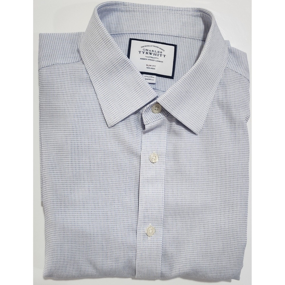 Charles Tyrwhitt Men's Blue Check Non-Iron Slim-Fit Dress Shirt Size 17.5 X 35